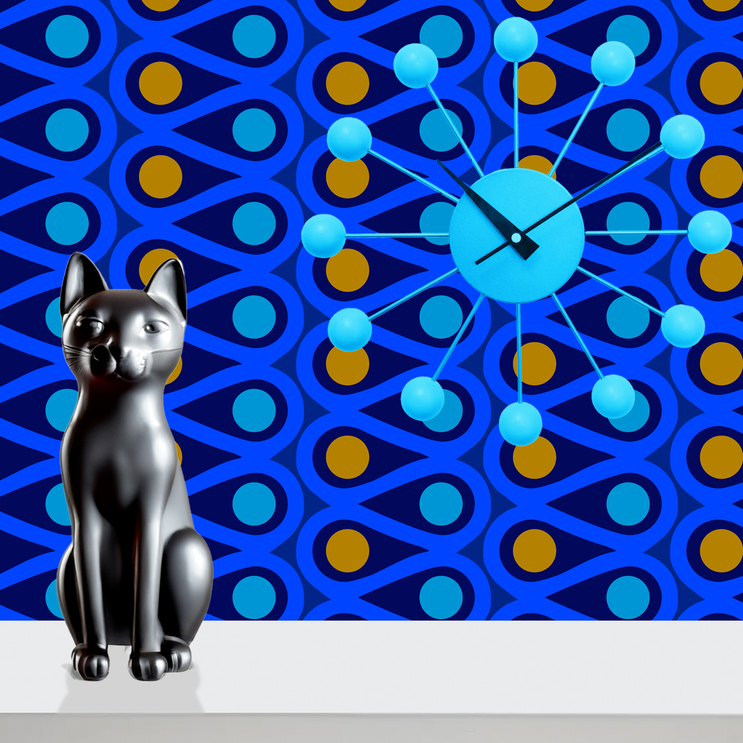 The artwork features a repetitive geometric pattern with curved, teal shapes creating loops that flow in symmetrical vertical columns. Inside the loops, there are solid circular shapes alternating between green and blue, with green circles in the left column and blue circles in the right column. The white background accentuates the vivid colors and clean lines of the design. The overall composition is balanced with a modern, vibrant aesthetic.